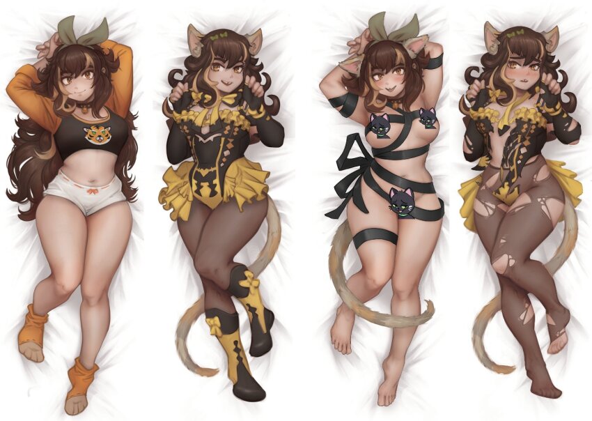 1girl 2022 animal_ears barefoot bell bow brown_hair callie_calico cat_ears censored character_censor collar crop_top dakimakura_(medium) hair_bow hairband indie_virtual_youtuber long_hair multiple_views naked_ribbon neck_bell novelty_censor pantyhose ribbon short_shorts shorts socks tail torn_clothes torn_pantyhose virtual_youtuber yellow_eyes zhjake