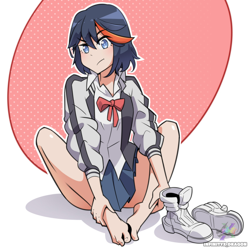 artist_name barefoot black_hair blue_eyes high_tops highres infintyx_dragon jacket kill_la_kill matoi_ryuuko multicolored_hair official_alternate_costume removing_shoes shoes sneakers streaked_hair sukajan two-tone_hair