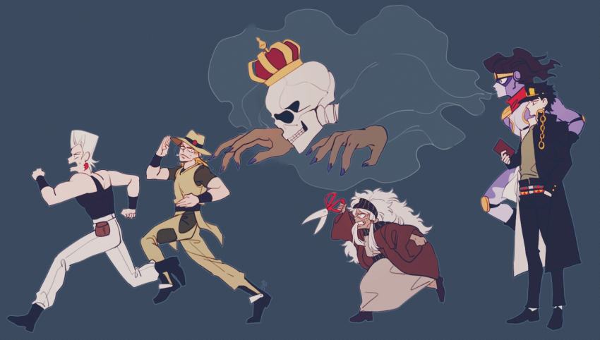 1girl 4boys book breath chaps chasing cowboy_hat crown enya_geil gakuran hat hol_horse holding holding_book jean_pierre_polnareff jojo_no_kimyou_na_bouken justice_(stand) kuujou_joutarou long_coat multiple_boys old old_woman running school_uniform scissors sempon_(doppio_note) skull stand_(jojo) star_platinum stardust_crusaders white_hair