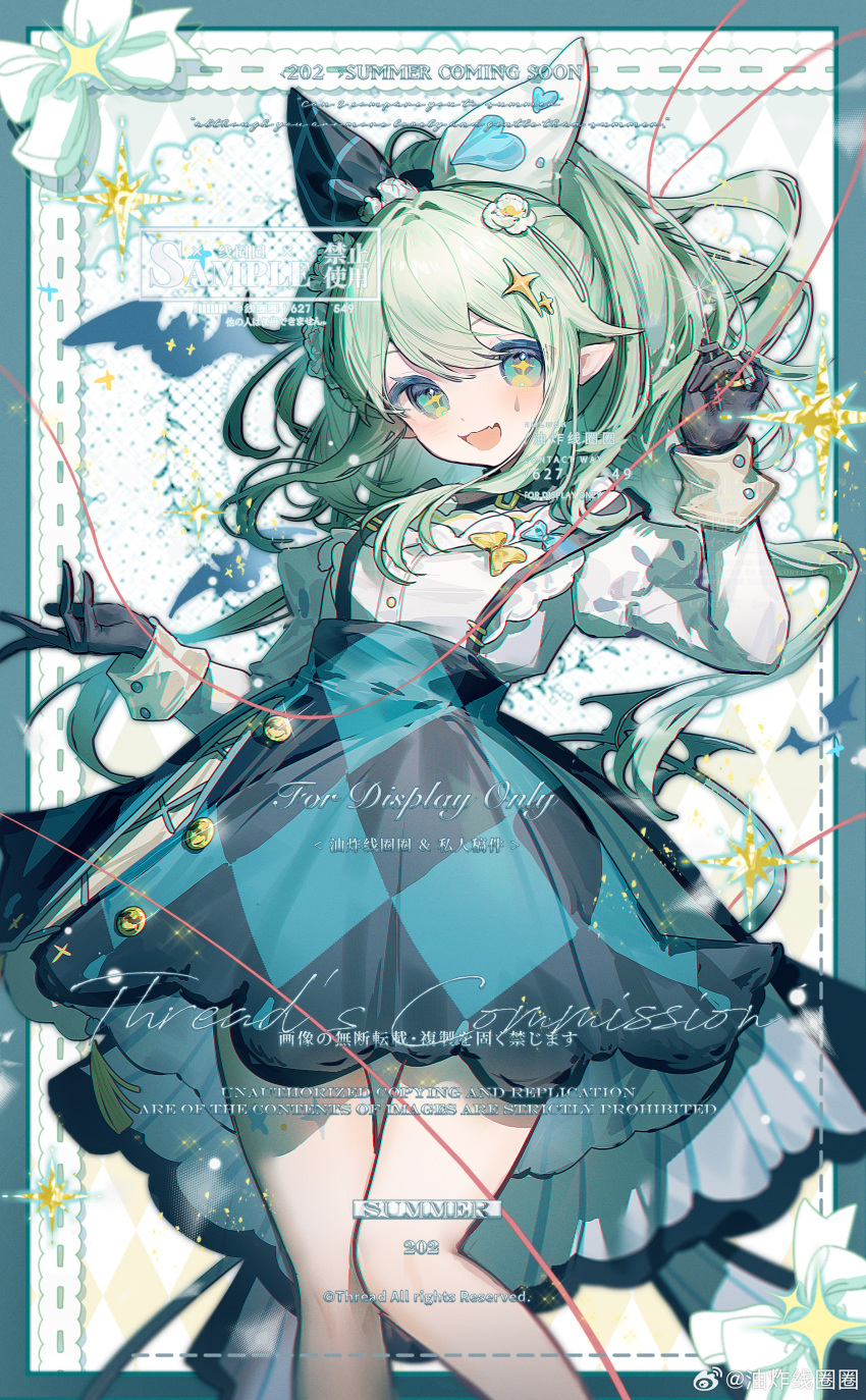 1girl absurdres animal_ear_fluff animal_ears animal_hands apron black_dress blue_bow blush bow bowtie breasts brooch cat_ears cleavage cleavage_cutout clothing_cutout dress english_text fang frilled_dress frills gloves grey_eyes grey_hair hair_between_eyes hair_ornament hairclip hand_up heart highres jewelry large_breasts long_hair long_sleeves looking_at_viewer maid_headdress open_mouth original paw_gloves puffy_sleeves solo speech_bubble spoken_heart very_long_hair waist_apron youzha_xian_quanquan