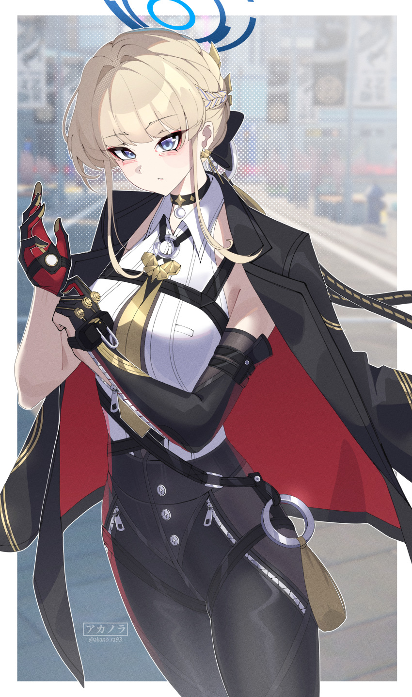 1girl absurdres adjusting_clothes adjusting_gloves akanora black_choker black_gloves black_jacket black_pants black_ribbon blonde_hair blue_archive blue_eyes border braid breasts choker collared_shirt commentary cosplay cowboy_shot earrings elbow_gloves evelyn_chevalier evelyn_chevalier_(cosplay) gloves half_up_braid halo high-waist_pants highres jacket jacket_on_shoulders jewelry long_ribbon looking_at_viewer medium_breasts necktie pants ribbon ring_hair_ornament screenshot_background shirt short_hair sidelocks single_elbow_glove solo tight_clothes tight_pants toki_(blue_archive) white_border white_shirt yellow_necktie zenless_zone_zero