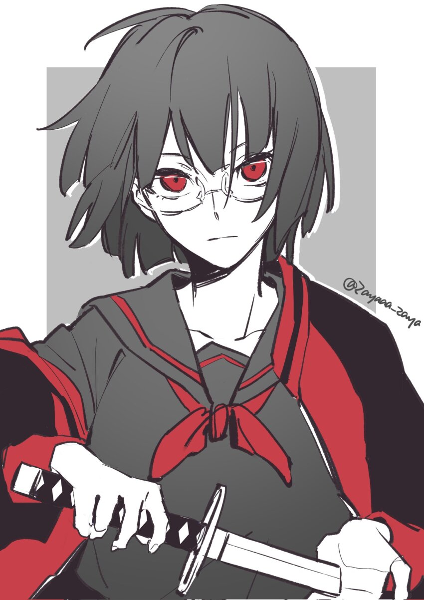1girl artist_name black_hair black_serafuku bob_cut border commentary_request durarara!! glasses grey_border highres holding holding_sword holding_weapon jacket looking_at_viewer red_eyes red_jacket red_ribbon ribbon school_uniform serafuku short_hair solo sonohara_anri sword weapon white_background zayaaa_zaya