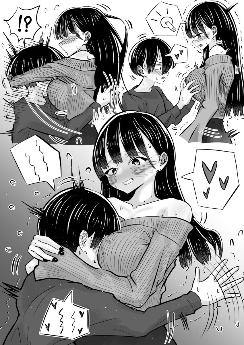 !? 1boy 1girl bare_shoulders between_breasts blush boku_no_kokoro_no_yabai_yatsu breast_smother breasts clenched_teeth face_between_breasts face_to_breasts from_side grabbing_another&#039;s_breast greyscale groping head_between_breasts heart hetero highres hug ichikawa_kyoutarou large_breasts light_bulb long_hair long_sleeves m2bou mole mole_on_neck monochrome motion_lines multiple_views off-shoulder_sweater off_shoulder open_mouth profile ribbed_sweater short_hair speed_lines spoken_heart spoken_light_bulb sweater teeth yamada_anna