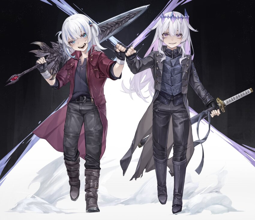 2girls arm_bump black_boots black_coat black_gloves black_pants black_shirt blue_eyes blue_hair boots coat cosplay dante_(devil_may_cry) dante_(devil_may_cry)_(cosplay) devil_may_cry_(series) devil_may_cry_5 devil_sword_dante fingerless_gloves full_body gawr_gura gloves gradient_hair grey_hair hair_ornament headpiece highres hololive hololive_english igonnaswing koseki_bijou looking_at_viewer multicolored_hair multiple_girls open_mouth over_shoulder pants purple_coat purple_eyes shark_girl shark_hair_ornament shirt standing sword sword_over_shoulder two_side_up vergil_(devil_may_cry) vergil_(devil_may_cry)_(cosplay) virtual_youtuber weapon weapon_over_shoulder white_hair yamato_(sword)