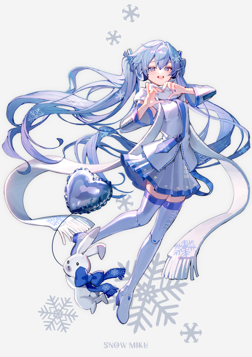 1girl absurdres balloon blue_eyes blue_hair blue_nails blue_necktie boots detached_sleeves fringe_trim grey_skirt hatsune_miku heart heart_balloon heart_hands highres long_hair looking_at_viewer mebaru necktie open_mouth pleated_skirt rabbit rabbit_yukine scarf shirt skirt sleeveless sleeveless_shirt smile snowflake_print snowflakes thigh_boots thighhighs twintails very_long_hair white_scarf white_shirt yuki_miku