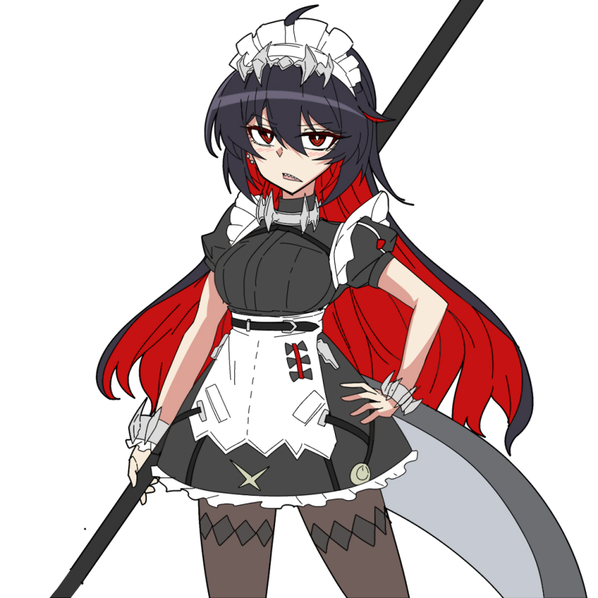 1girl ahoge apron black_dress black_pantyhose cosplay dress ellen_joe ellen_joe_(cosplay) fins fish_tail hand_on_own_hip holding holding_scythe honkai_(series) honkai_impact_3rd looking_at_viewer maid maid_apron maid_headdress mihoyo nabeiro_kin open_mouth pantyhose puffy_short_sleeves puffy_sleeves red_eyes red_hair scythe seele_(alter_ego) seele_vollerei shark_tail short_sleeves simple_background solo tail waist_apron white_background wrist_cuffs zenless_zone_zero