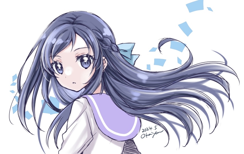 1girl back blue_eyes blue_hair blush dokidoki!_precure hishikawa_rikka long_hair looking_at_viewer looking_back okayashi oogai_daiichi_middle_school_uniform precure sailor_collar school_uniform upper_body