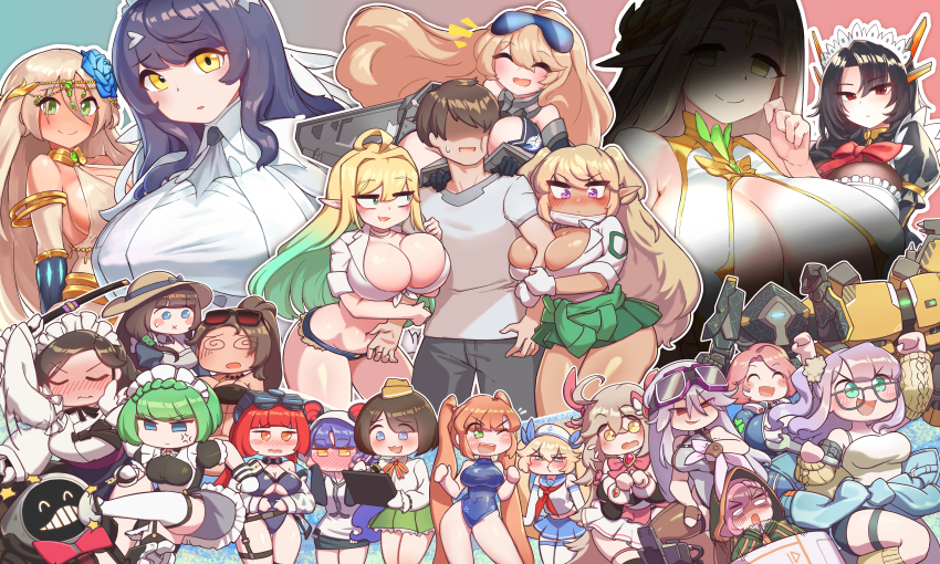 1boy absurdly_long_hair absurdres acrobatic_sunny alternate_costume anger_vein auto_guard_system between_breasts black_wyrm_(last_origin) blonde_hair blush blush_stickers bodysuit breasts brown_hair cerestia_of_life chibi commander_(last_origin) daphne_(last_origin) dark_elf dark_elven_forest_ranger dress efreeti_(last_origin) elbow_gloves elf elven_forest_maker closed_eyes eyewear_on_head faucre_the_evil_overlord fortune_(last_origin) gloves green_eyes green_hair gremlin_(last_origin) harpyia_(last_origin) hat highres hoyo impet_(last_origin) keumran_(last_origin) large_breasts last_origin leprechaun_(last_origin) long_hair lumberjane_(last_origin) maid maid_headdress mole mole_under_mouth mr_alfred multicolored_hair multiple_girls nereid_(last_origin) orange_hair pleated_skirt pointy_ears ponytail pout purple_eyes purple_hair red_eyes red_hair robot shade_(last_origin) short_hair skirt snow_feather_(last_origin) straw_hat swimsuit talon_feather_(last_origin) thetis_(last_origin) tommy_walker two-tone_hair vanilla_(last_origin) very_long_hair war_wolf_(last_origin) white_hair yellow_eyes yumi_(last_origin)