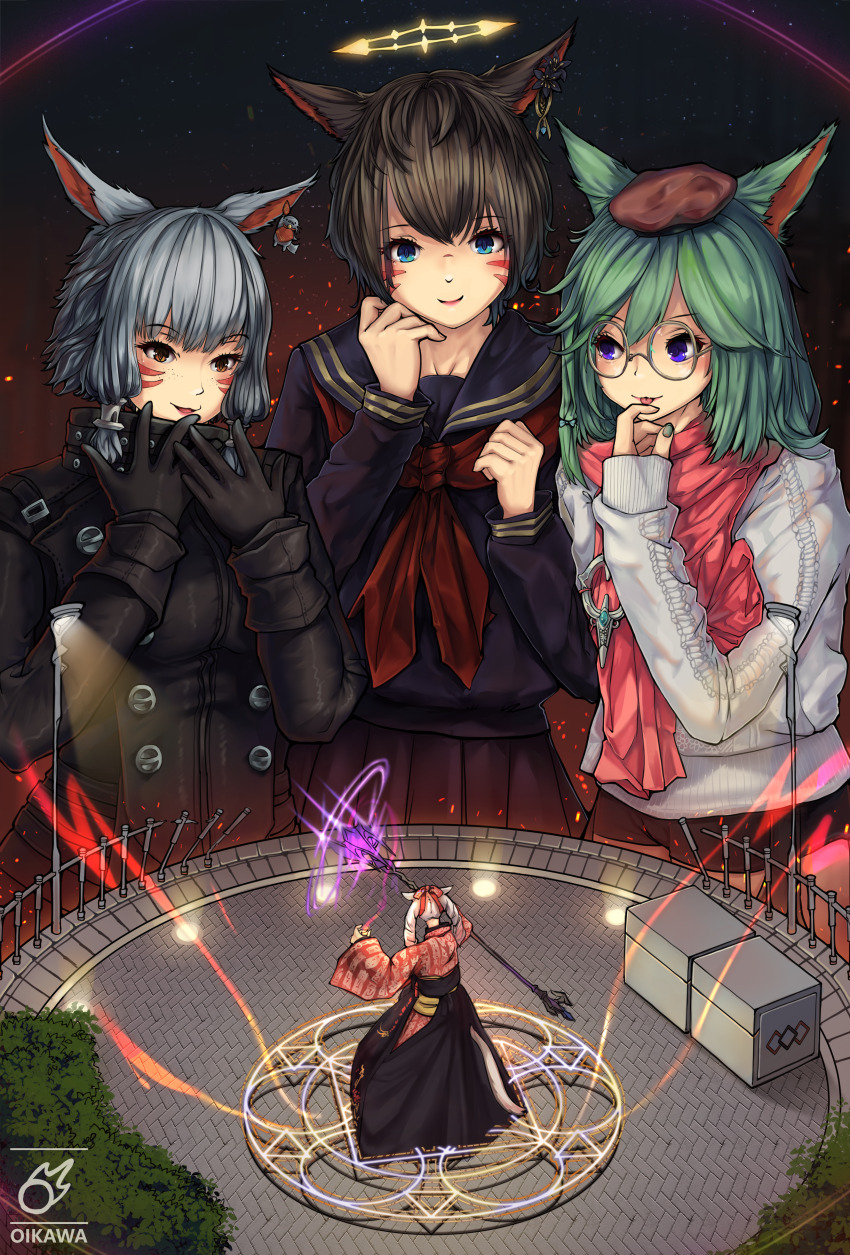 4girls absurdres animal_ears beret black_coat black_flower black_gloves black_hair black_hakama black_sailor_collar black_serafuku black_shirt black_shorts blue_eyes brown_eyes brown_headwear cat_ears clothing_cutout coat commentary_request ear_piercing final_fantasy final_fantasy_xiv flower glasses gloves green_hair grey-framed_eyewear grey_hair grey_nails grey_sweater hakama hakama_skirt halo hands_up hat highres holding holding_staff japanese_clothes kimono long_hair long_sleeves mini_hat miqo&#039;te multiple_girls nail_polish neckerchief oikawa_sakura piercing pink_scarf puffy_long_sleeves puffy_sleeves red_kimono red_neckerchief round_eyewear sailor_collar scarf school_uniform serafuku shirt short_shorts shorts skirt sleeves_past_wrists staff sweater tail tail_through_clothes twintails