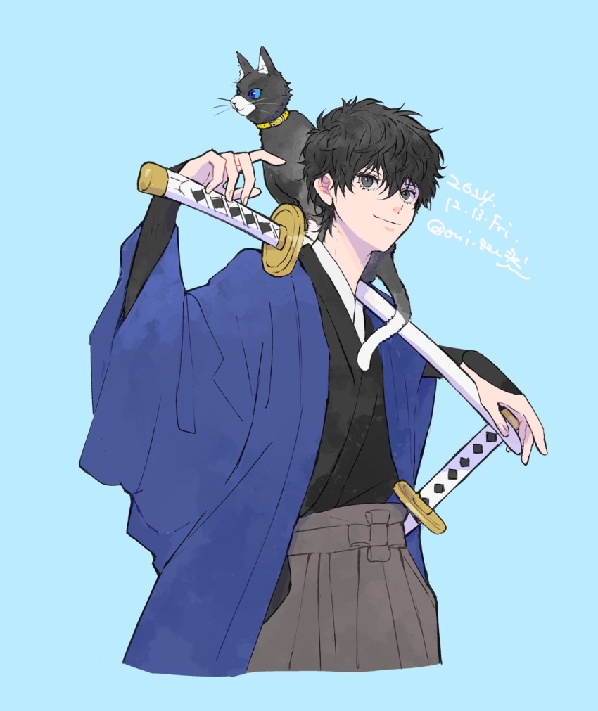 1boy amamiya_ren animal animal_on_shoulder black_eyes black_hair blue_background blue_kimono cat cat_on_shoulder hakama highres japanese_clothes katana kimono male_focus morgana_(persona_5) oui_zen persona persona_5 short_hair solo sword upper_body weapon