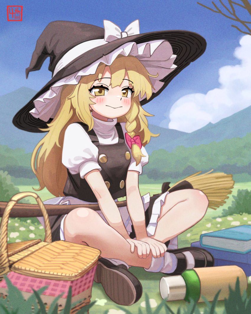 1girl 4th_lol apron artist_logo basket black_dress black_shoes blonde_hair blue_sky blush book bow braid buttons closed_mouth double-breasted dress frilled_apron frills full_body grass hair_bow hat hat_bow highres indian_style kirisame_marisa large_hat logo long_hair looking_at_viewer on_ground outdoors pink_bow puffy_short_sleeves puffy_sleeves shoes short_dress short_sleeves sitting sky socks solo touhou white_bow white_socks witch_hat yellow_eyes
