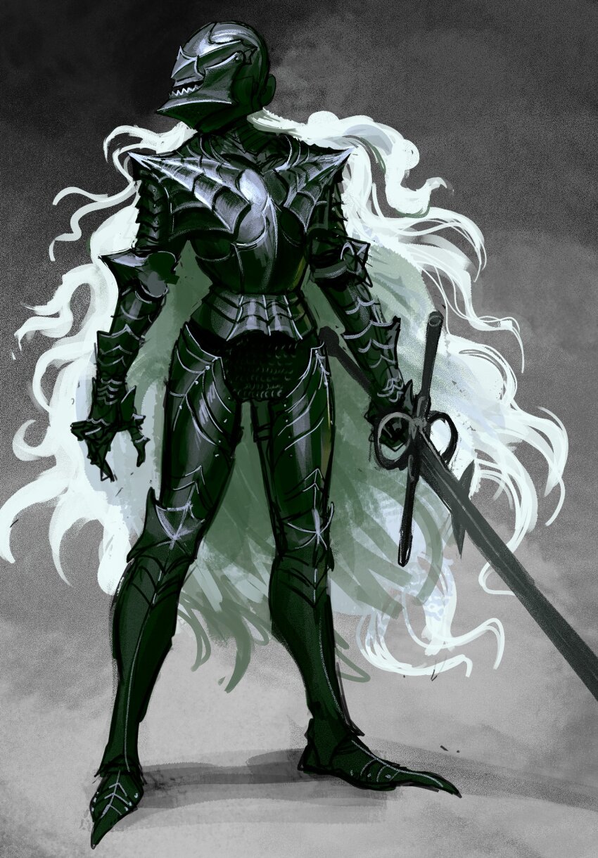 1girl absurdres armor berserk berserker_armor commentary cosplay english_commentary full_armor full_body gauntlets greaves grey_background guts_(berserk) guts_(berserk)_(cosplay) helm helmet highres holding holding_sword holding_weapon long_hair looking_to_the_side original solo standing sword very_long_hair vile_domple wavy_hair weapon white_hair