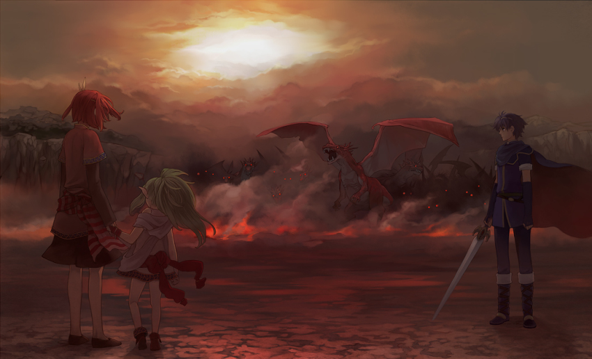 1girl 2boys armor blue_hair bonjour boots breastplate cape circlet cloud cloudy_sky dragon dress elbow_gloves falchion_(fire_emblem) fingerless_gloves fire fire_emblem fire_emblem:_mystery_of_the_emblem fire_emblem:_shadow_dragon full_body gloves glowing glowing_eyes green_hair holding_hands long_hair marth_(fire_emblem) multiple_boys nintendo pants pointy_ears ponytail profile red_eyes red_hair sash shirt shoes short_hair shorts sky smoke standing striped sunrise sword tiki_(fire_emblem) tiki_(young)_(fire_emblem) weapon xane_(fire_emblem)