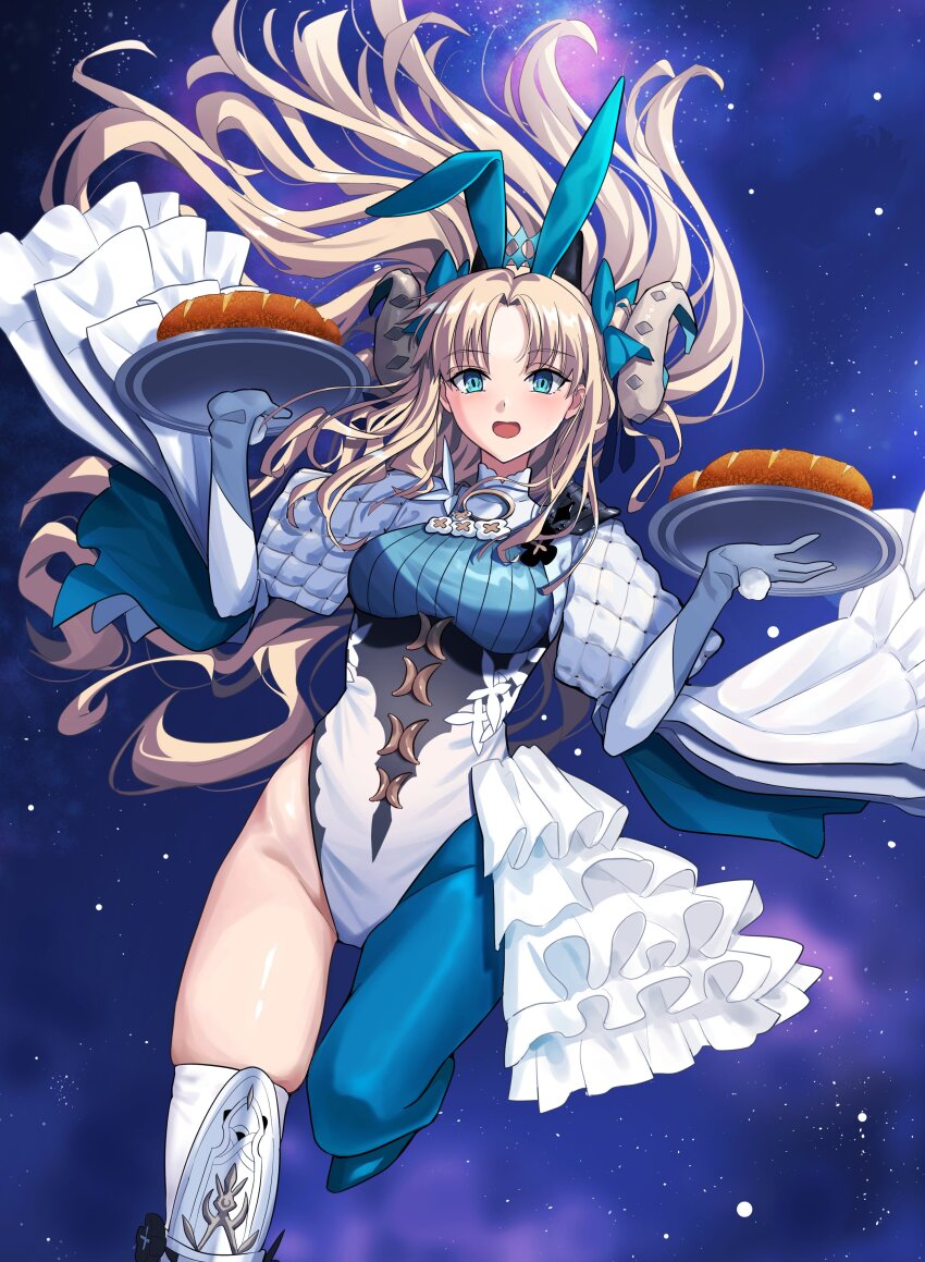 1girl absurdres animal_ears blonde_hair blush bow bread breasts curled_horns elbow_gloves ereshkigal_(fate) fake_animal_ears fate/grand_order fate_(series) food frills gloves green_eyes green_pantyhose hair_bow highres horns leotard long_hair long_sleeves longdq3008 looking_at_viewer medium_breasts open_mouth pantyhose parted_bangs plate rabbit_ears single_leg_pantyhose single_thighhigh smile solo space space_ereshkigal_(fate) space_ereshkigal_(third_ascension)_(fate) star_(sky) thighhighs thighs two_side_up white_gloves white_leotard white_thighhighs