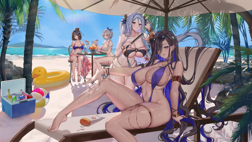 4girls adjusting_hair applying_sunscreen armlet armpits ball beach beach_chair beach_umbrella beachball bikini black_bikini blue_bikini blue_eyes blue_ribbon bracelet breasts brown_dust_(series) brown_dust_2 can cocktail_glass cooler cup drink_can drinking_glass drinking_straw duck_innertube eclipse_(beach_vacation)_(brown_dust_2) eclipse_(brown_dust_2) eyewear_on_head food full_body groin hair_between_eyes hair_ornament hair_over_one_eye hair_ribbon hair_spread_out hand_fan highres holding holding_fan holding_spoon huge_breasts ice ice_cream ice_cream_cup ice_cube jewelry large_breasts light_blush lips long_hair looking_at_viewer lotion morphea_(brown_dust) mountainous_horizon multiple_girls navel necklace ocean official_art official_wallpaper palm_tree purple_slingshot_swimsuit red_eyes ribbon scheherazade_(brown_dust) scheherazade_(pool_party)_(brown_dust) second-party_source shadow simple_background sitting skindentation slingshot_swimsuit soda_can spoon sunglasses sunscreen swimsuit teresse_(beachside_angel)_(brown_dust) teresse_(brown_dust) tree twintails umbrella underboob very_long_hair white_sand