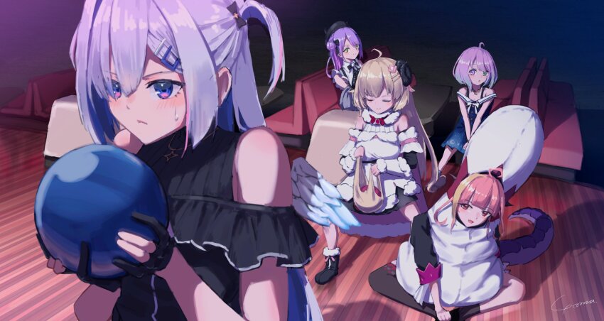 5girls absurdres ahoge amane_kanata amane_kanata_(work) angel angel_wings ball black_dress black_gloves blonde_hair blue_hair bowling bowling_alley bowling_ball closed_eyes closed_mouth commentary dragon_girl dragon_tail dress feathered_wings gloves green_eyes hair_between_eyes hair_ornament hairpin heterochromia highres himemori_luna himemori_luna_(sundress) holoforce hololive horns kiryu_coco looking_at_another multiple_girls open_mouth orange_hair pink_hair purple_hair red_eyes sheep_girl sheep_horns short_twintails sitting smile standing sweatdrop symbol-only_commentary tail the_big_lebowski tokoyami_towa tsunomaki_watame twintails virtual_youtuber white_dress white_hair wings yo_na