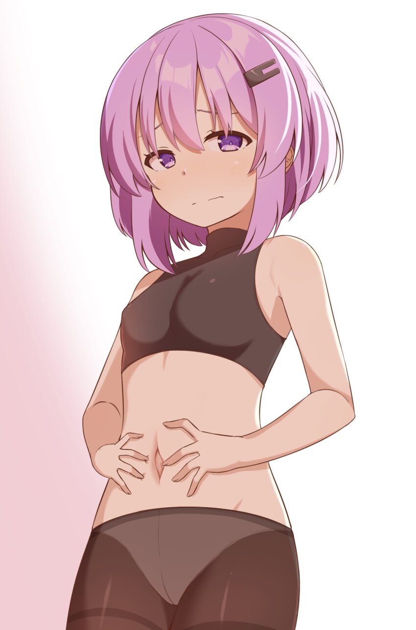 1girl a.i._voice backlighting black_pantyhose blush breasts chaakusu closed_mouth cowboy_shot gradient_background hair_between_eyes hair_ornament hairclip highres looking_at_viewer medium_hair navel pantyhose purple_eyes purple_hair small_breasts solo spread_navel standing stomach underwear underwear_only voiceroid white_background yuzuki_yukari yuzuki_yukari_(shizuku)