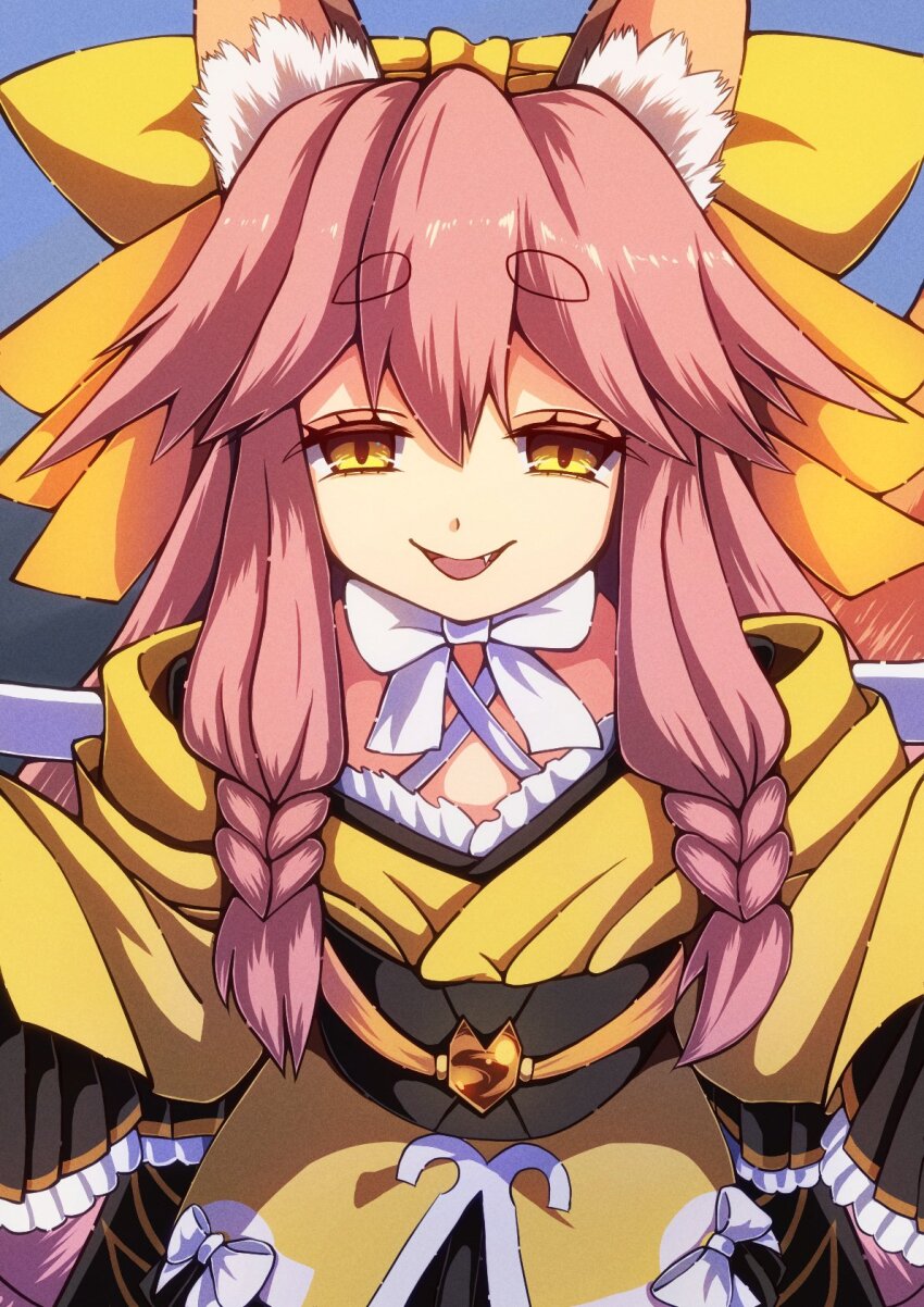 1girl animal_ear_fluff animal_ears bow commentary_request fang fate/samurai_remnant fate_(series) fox_ears hair_between_eyes hair_bow highres japanese_clothes kimono long_hair long_sleeves looking_at_viewer obi off_shoulder open_mouth peisuto pink_hair sash short_eyebrows sleeves_past_fingers sleeves_past_wrists smile solo tamamo_(fate) tamamo_aria_(fate) thick_eyebrows very_long_hair white_bow yellow_bow yellow_eyes yellow_kimono