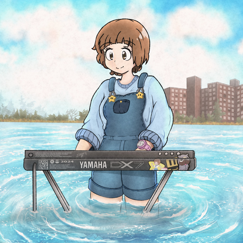 1girl alternate_hairstyle brown_eyes brown_hair character_name cityscape eledrock! guts_(kill_la_kill) highres instrument keyboard_(instrument) kill_la_kill mankanshoku_mako music outdoors overalls piano playing_instrument short_hair solo super_star_(mario) sweater wading watch water wristwatch yamaha