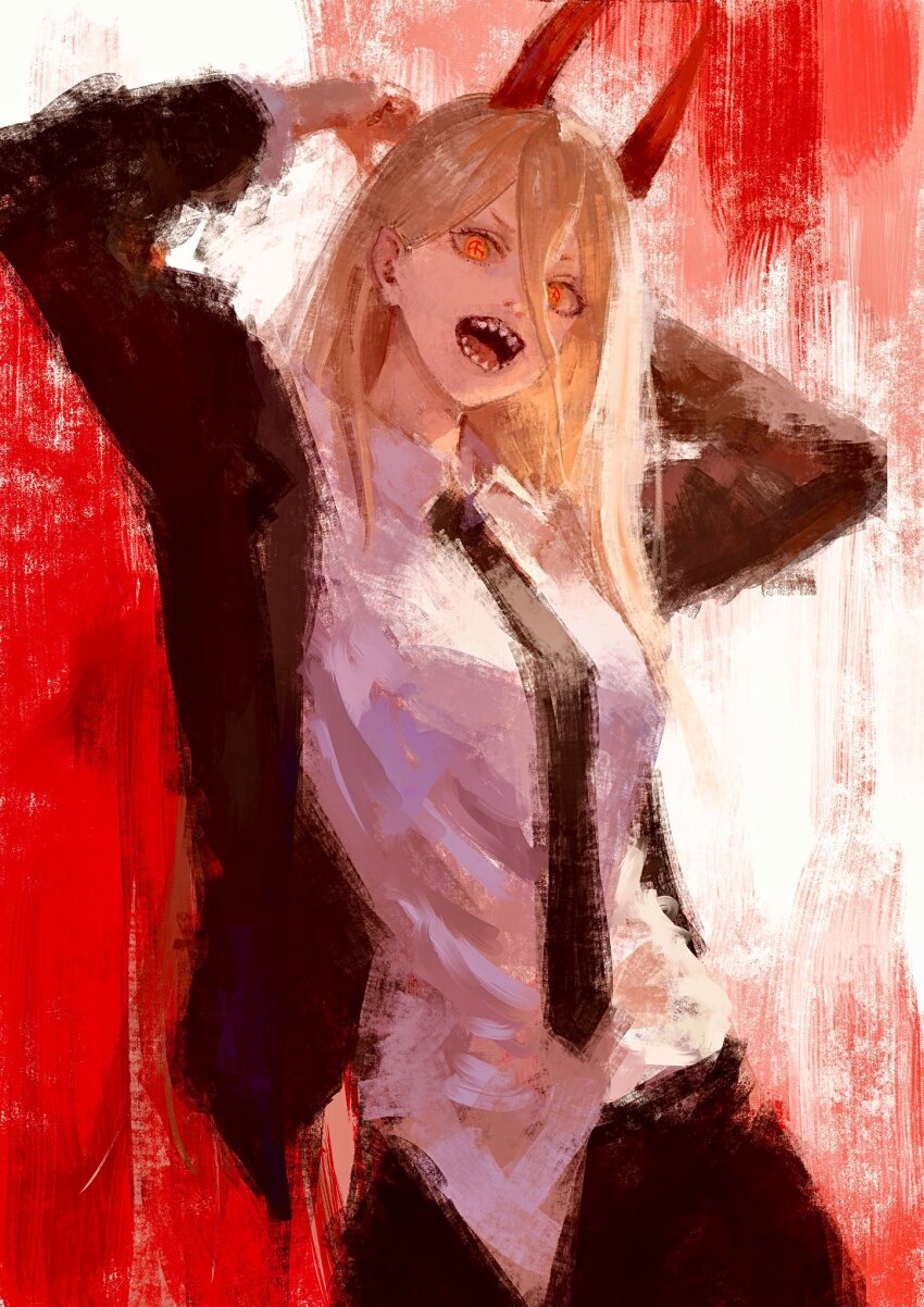 1girl black_jacket black_necktie black_pants blonde_hair breasts chainsaw_man collared_shirt cowboy_shot cross-shaped_pupils demon_horns fuyumurasaki hair_between_eyes highres horns jacket long_hair looking_at_viewer necktie open_mouth pants power_(chainsaw_man) red_horns sharp_teeth shirt solo symbol-shaped_pupils teeth two-tone_background white_shirt yellow_eyes