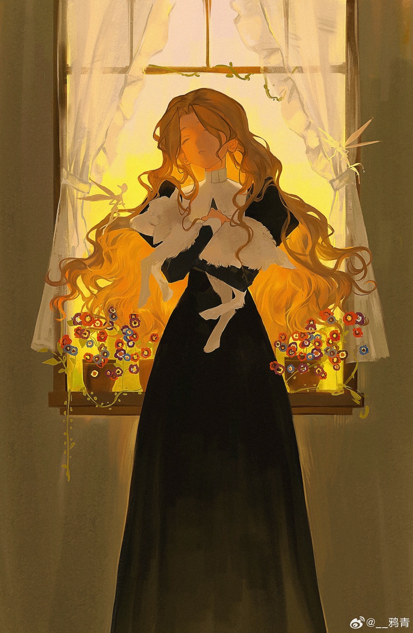 1girl 2others absurdres animal baby_animal big_hair black_dress blonde_hair chinese_commentary closed_eyes closed_mouth curtains day dress facing_to_the_side facing_up fairy feet_out_of_frame flower highres holding holding_animal indoors lamb long_hair long_sleeves multiple_others original plant potted_plant sheep size_difference standing sunlight very_long_hair vines watermark weibo_watermark window yaqing