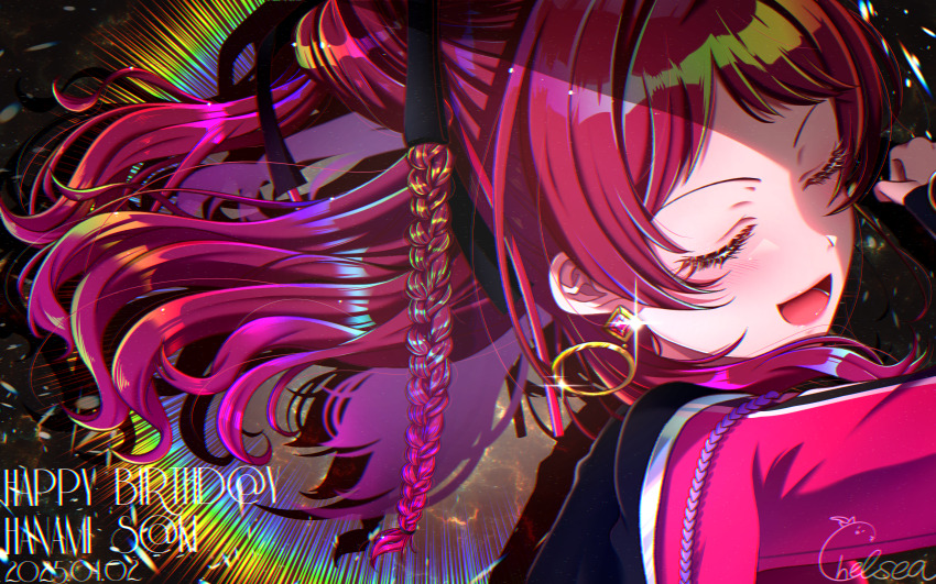 1girl 2025 :d absurdres black_ribbon braid chelsea0327 closed_eyes dated earrings fighting_my_way_(idolmaster) floating_hair gakuen_idolmaster gem hair_ribbon hanami_saki happy_birthday highres idolmaster jewelry long_hair long_sleeves open_mouth portrait red_gemstone red_hair ribbon signature smile solo sparkle
