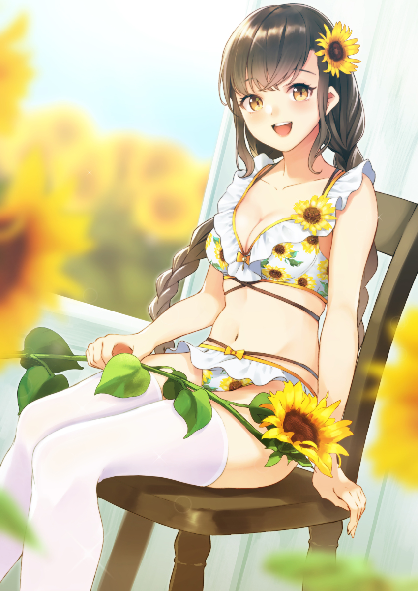 1girl :d absurdres blurry bow bow_bra bow_panties bra braid breasts brown_hair chair chrysanthemum cleavage commentary_request curtains depth_of_field female_focus floral_print flower flower_ornament hair_flower hair_ornament highres indoors lingerie long_hair medium_breasts morning_glory open_mouth original panties retsuna sidelocks sitting smile solo spider_lily sunflower thighhighs twin_braids underwear white_thighhighs window