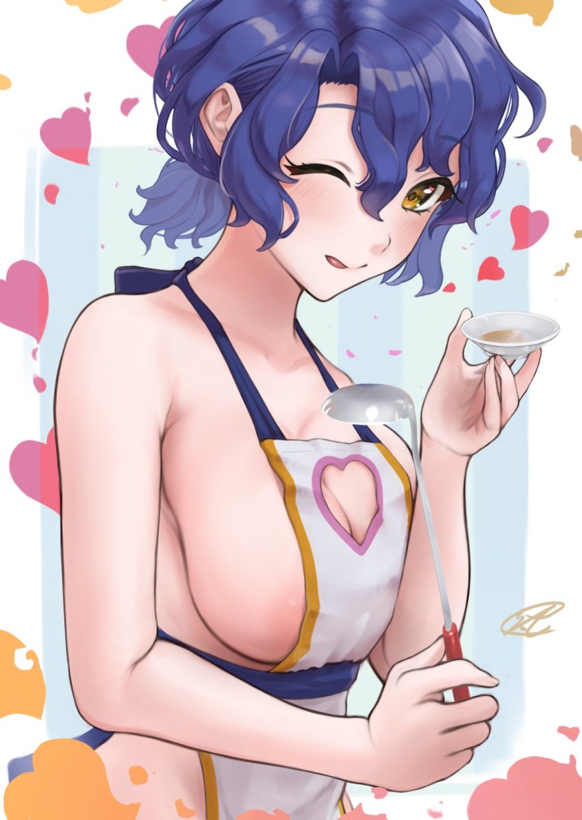 1girl apron blue_hair breasts brown_eyes c_(theta) cleavage cleavage_cutout clothing_cutout heart heart_cutout highres holding holding_ladle idolmaster idolmaster_million_live! ladle large_breasts licking_lips naked_apron one_eye_closed plate short_hair sideboob solo tasting_plate tongue tongue_out toyokawa_fuka upper_body