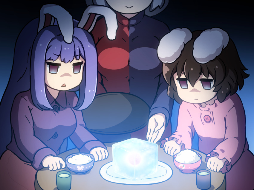 3girls :| animal_ears black_hair bowl breasts buttons cherenkov_radiation closed_mouth commentary cube empty_eyes glowing head_out_of_frame inaba_tewi jitome large_breasts long_hair long_sleeves multiple_girls open_mouth plate purple_hair rabbit_ears reisen_udongein_inaba rice shirosato short_hair smile touhou tray triangle_mouth yagokoro_eirin