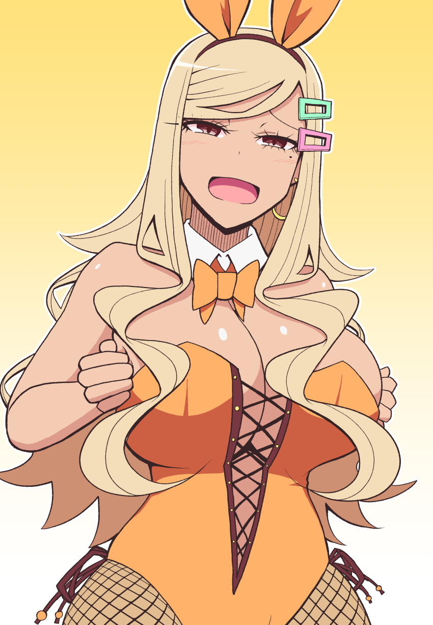 1girl :d absurdres animal_ears bare_shoulders blonde_hair blush bow bowtie breasts brown_eyes cleavage dark-skinned_female dark_skin detached_collar earrings fake_animal_ears fishnet_pantyhose fishnets gradient_background hair_ornament hairclip highres jewelry kurokiya_ruu large_breasts leotard long_hair looking_at_viewer mole mole_under_eye open_mouth original pantyhose playboy_bunny pororokka_(macareo) rabbit_ears smile solo tedama_ni_toritai_kurokiya-san