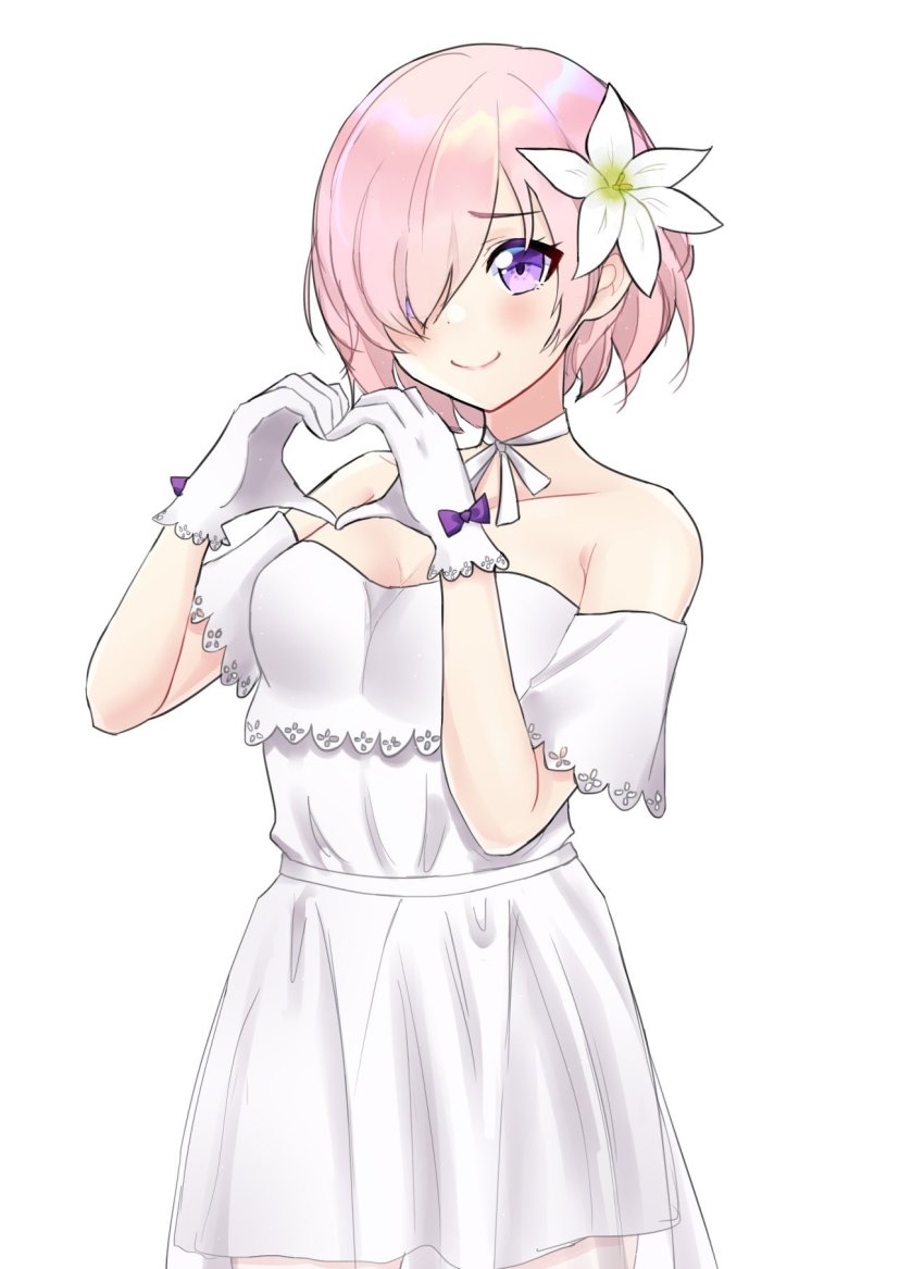 1girl bare_shoulders blush breasts cleavage closed_mouth collarbone commission dress fate/grand_order fate_(series) female_focus flower gloves hair_flower hair_ornament hair_over_one_eye heart heart_hands highres large_breasts looking_at_viewer mash_kyrielight mash_kyrielight_(formal_dress) off-shoulder_dress off_shoulder official_alternate_costume pink_hair purple_eyes short_hair smile solo sweetie_cyanide wedding_dress white_dress white_gloves