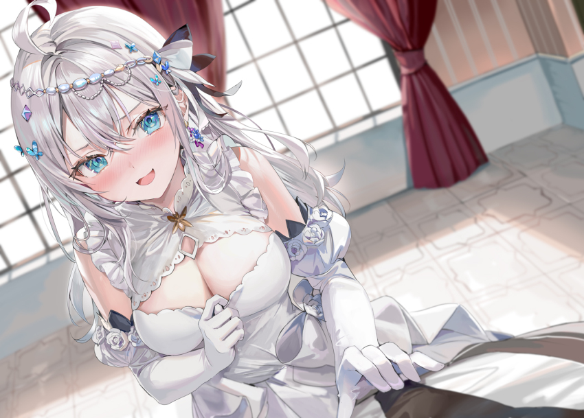 1girl :d ahoge alisa_mikhailovna_kujou bare_shoulders blue_eyes blurry blush bow breasts circlet cleavage cleavage_cutout clothing_cutout commentary_request crossed_bangs curtains depth_of_field detached_sleeves dress dutch_angle earrings elbow_gloves embarrassed frilled_dress frills gloves hair_between_eyes hair_bow hair_ornament indoors jewelry juliet_sleeves large_breasts long_hair long_sleeves looking_at_viewer momoko_(momopoco) nose_blush novel_illustration official_alternate_costume official_art open_mouth puffy_sleeves sleeveless sleeveless_dress smile solo_focus tokidoki_bosotto_roshia-go_de_dereru_tonari_no_alya-san white_dress white_gloves white_hair