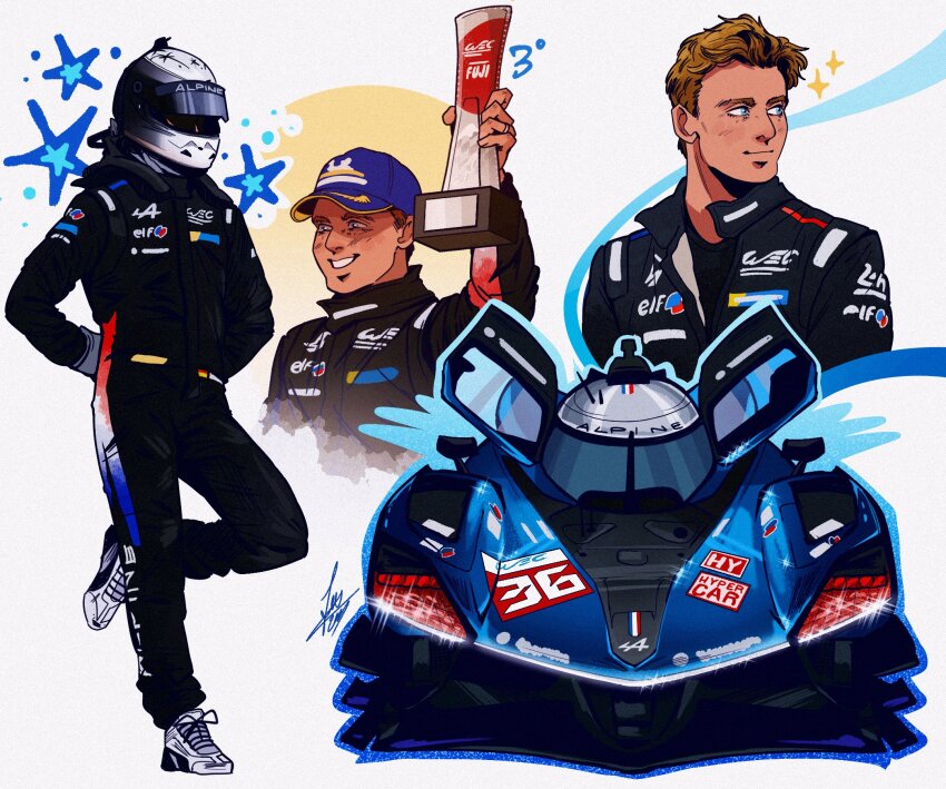 1boy alpine_(carmaker) alpine_a424 arms_behind_back black_jumpsuit blue_hat butterfly_doors car commentary english_commentary french_flag glint gloves grey_footwear grey_gloves grey_helmet hat helmet highres holding holding_trophy jumpsuit le_mans_prototype looking_to_the_side mick_schumacher motor_vehicle parted_lips race_vehicle racecar racing_suit real_life schumisnoopy shoes signature smile sneakers star_(symbol) trophy world_endurance_championship