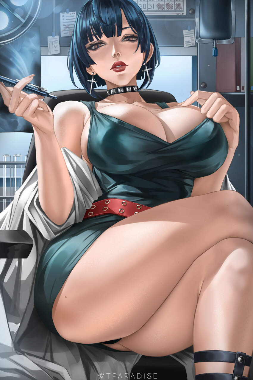 1girl absurdres belt blue_hair breasts choker cleavage crossed_legs earrings female_focus highres jewelry lab_coat large_breasts lips lipstick looking_at_viewer makeup panties pantyshot pen persona persona_5 short_hair sitting solo takemi_tae thick_thighs thighs underwear wtparadise
