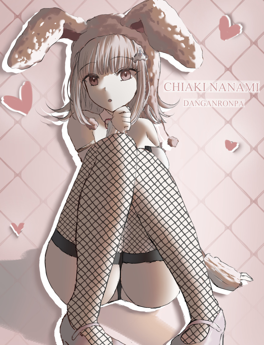 1girl :o animal_ears asa_no_wa ass breasts brown_hair character_name danganronpa_(series) danganronpa_2:_goodbye_despair fake_animal_ears fishnet_thighhighs fishnets galaga heart highres knees_up leotard medium_hair nanami_chiaki pink_eyes playboy_bunny rabbit_ears shoes sitting solo spaceship_hair_ornament thighhighs