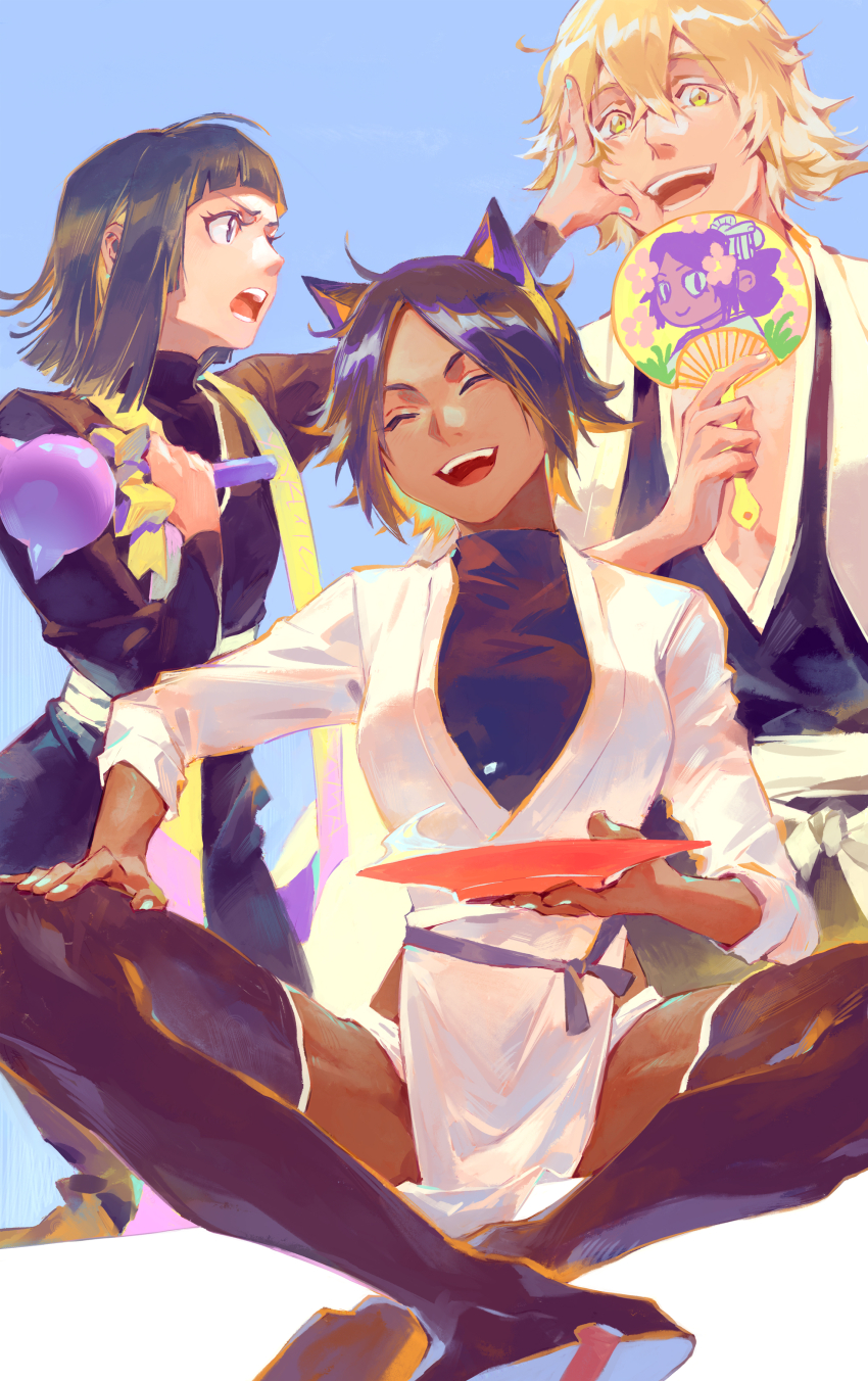 1boy 2girls absurdres angry animal_ears aqua_nails black_hair black_kimono black_thighhighs bleach blonde_hair blue_background blunt_bangs cat_ears closed_eyes dark-skinned_female dark_skin hand_fan highres holding holding_fan holding_plate japanese_clothes kimono kuzen lightstick multiple_girls no_pants open_mouth panties panty_peek pelvic_curtain plate shihouin_yoruichi simple_background smile sui-feng thighhighs turtleneck underwear urahara_kisuke white_kimono white_panties yellow_eyes
