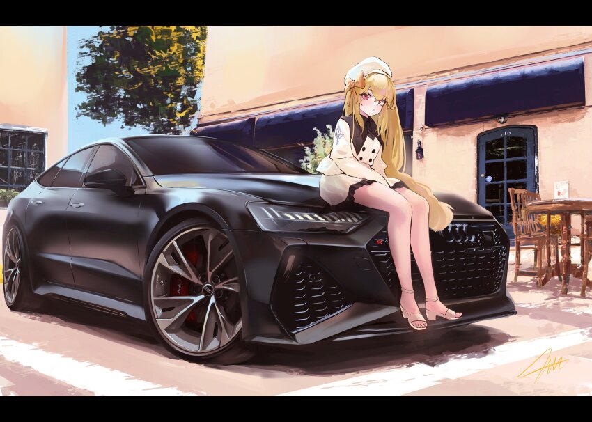 1girl absurdres audi audi_rs5 beret black_car blonde_hair bow car commentary commission dress english_commentary hair_bow hat highres letterboxed long_hair looking_at_viewer motor_vehicle nougat_(no_9ada) on_car orange_bow original outdoors red_eyes sandals shadow signature sitting solo tree very_long_hair white_dress white_hat