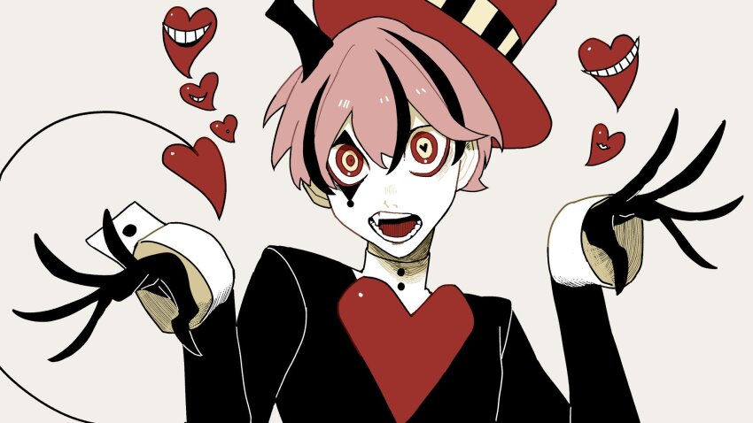 1boy demon_boy demon_horns demon_tail fang hands_up hat heart heart-shaped_pupils highres horns looking_at_viewer male_focus mismatched_pupils momomo_906 multicolored_hair original pink_hair red_eyes red_hat ringed_eyes short_hair simple_background solo streaked_hair symbol-shaped_pupils tail tilted_headwear top_hat upper_body yellow_eyes