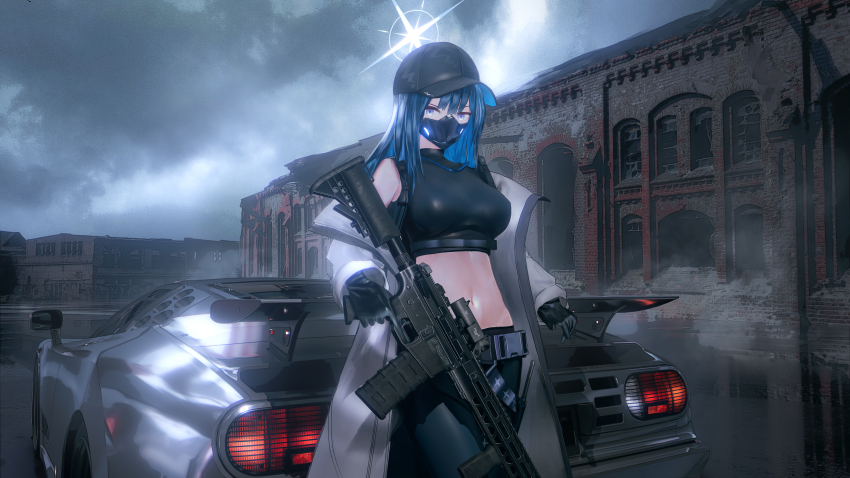 1girl absurdres assault_rifle baseball_cap black_gloves black_hat black_mask black_pants black_shirt blue_archive blue_hair bugatti bugatti_eb_110 car cloud cloudy_sky coat crop_top gloves gun halo hat highres holding holding_gun holding_weapon long_hair looking_at_viewer mask motor_vehicle mouth_mask navel outdoors pants purple_eyes rifle saori_(blue_archive) seymour_(sai_lu_er) shirt sig_516 sky solo spoiler_(automobile) stomach weapon white_coat