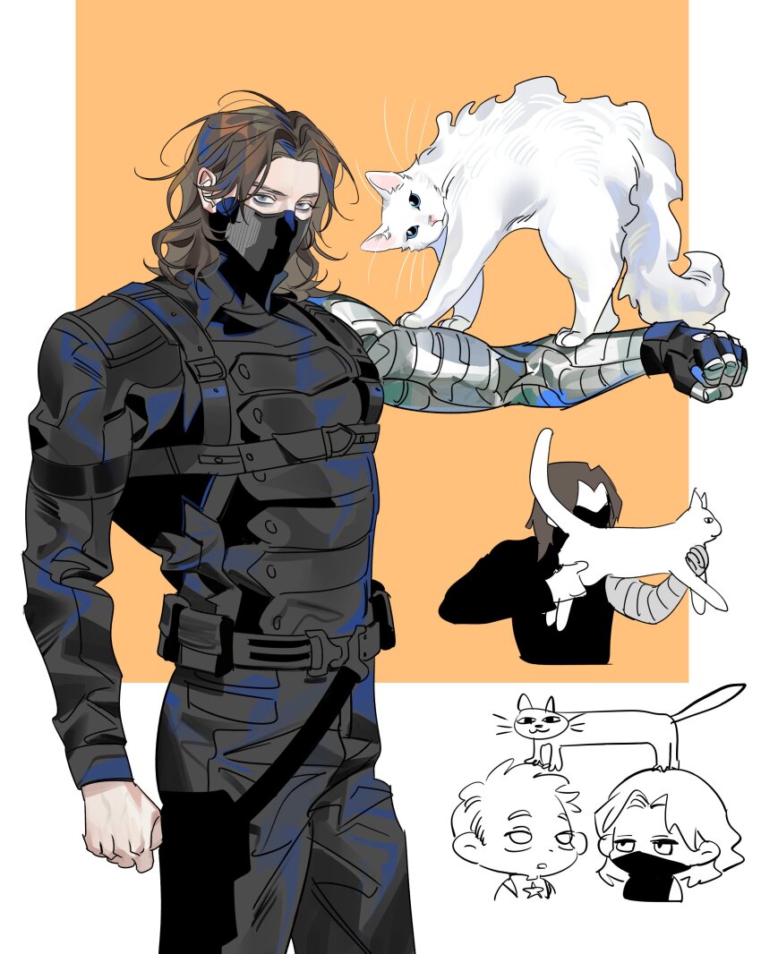 2boys absurdres animal animal_ears animal_nose animal_on_head belt black_belt black_bodysuit black_gloves black_mask blue_eyes bodysuit border brown_hair bucky_barnes captain_america captain_america:_the_winter_soldier captain_america_(series) cat cat_ears cat_tail clenched_hands commentary_request covered_eyes covered_mouth cowboy_shot fingerless_gloves gloves hand_up highres holding holding_animal karmaho korean_commentary looking_at_viewer male_focus marvel marvel_cinematic_universe mask mouth_mask multiple_boys multiple_views on_head open_mouth orange_background outside_border pet prosthesis prosthetic_arm short_hair simple_background single_glove standing star_(symbol) star_print steve_rogers superhero_costume tail upper_body white_border white_cat white_fur winter_soldier