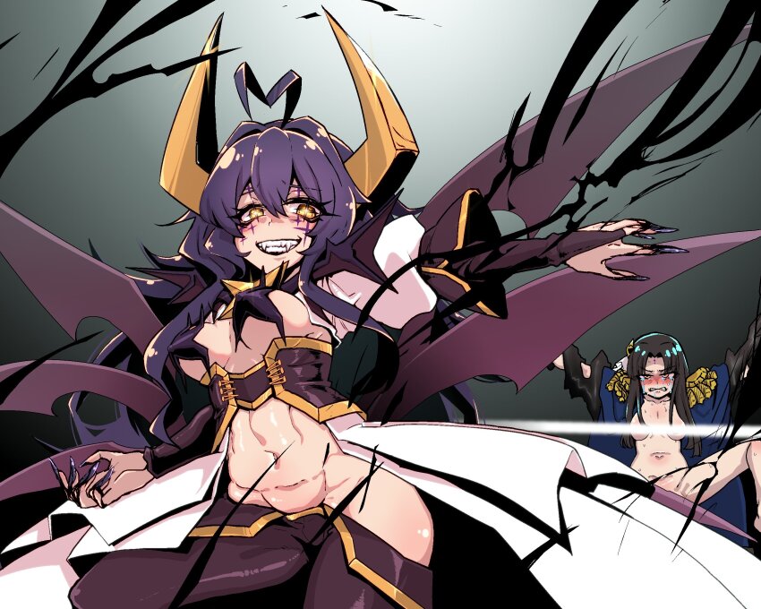 2girls ahoge black_hair black_wings blue_cape breastless_clothes breasts cape corset cross cross-shaped_pupils cross_facial_mark cross_pasties crying crying_with_eyes_open epaulettes facial_mark fangs fingerless_gloves fingernails fold-over_gloves gloves heart heart_ahoge highres hiiragi_utena horns light_censor long_fingernails long_hair lord_enorme lowleg lowleg_pants magia_baiser mahou_shoujo_ni_akogarete medium_breasts mengnaidu multiple_girls naked_cape navel pants pasties purple_corset purple_hair purple_pants purple_pasties sharp_fingernails showgirl_skirt shrug_(clothing) spread_legs symbol-shaped_pupils tanaka_michiko tears white_shrug wings yellow_eyes yellow_horns