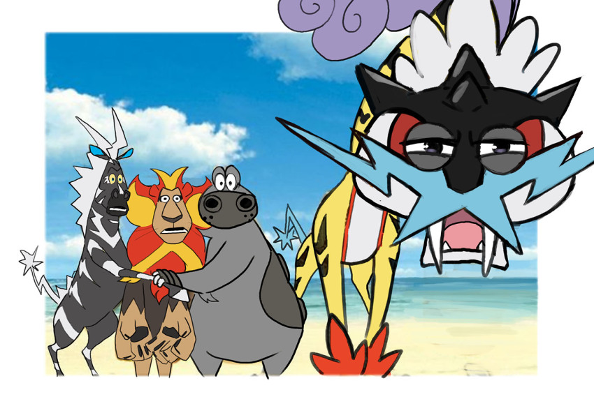 1girl 3boys alex_(madagascar) beach black_fur blue_sky brown_fur cloud colored_skin do9bessa fiery_hair gen_4_pokemon gen_5_pokemon gen_6_pokemon gloria_(madagascar) grey_skin group_hug half-closed_eyes hippowdon hippowdon_(female) hug leaning_forward lion_mane long_fangs looking_at_viewer madagascar_(series) marty_(madagascar) melman_(madagascar) meme multiple_boys mutual_hug parody pyroar pyroar_(male) raging_bolt sand sky squinting striped_fur yellow_fur zebstrika