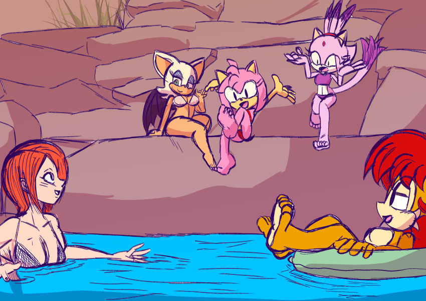 age_difference amy_rose bare_legs barefoot bat_(animal) bat_wings bikini bikini_thong blaze_the_cat bra brown_fur brown_hair cat child curvy feet foot_focus hedgehog jumping lake legs loli magisterofoz medium_hair orange_fur pink_fur pink_hair princess_elise_the_third purple_fur purple_hair rouge_the_bat sally_acorn sega sitting smile soles sonic_(series) squirrel swimming swimsuit toes underwear wet white_fur white_hair wings