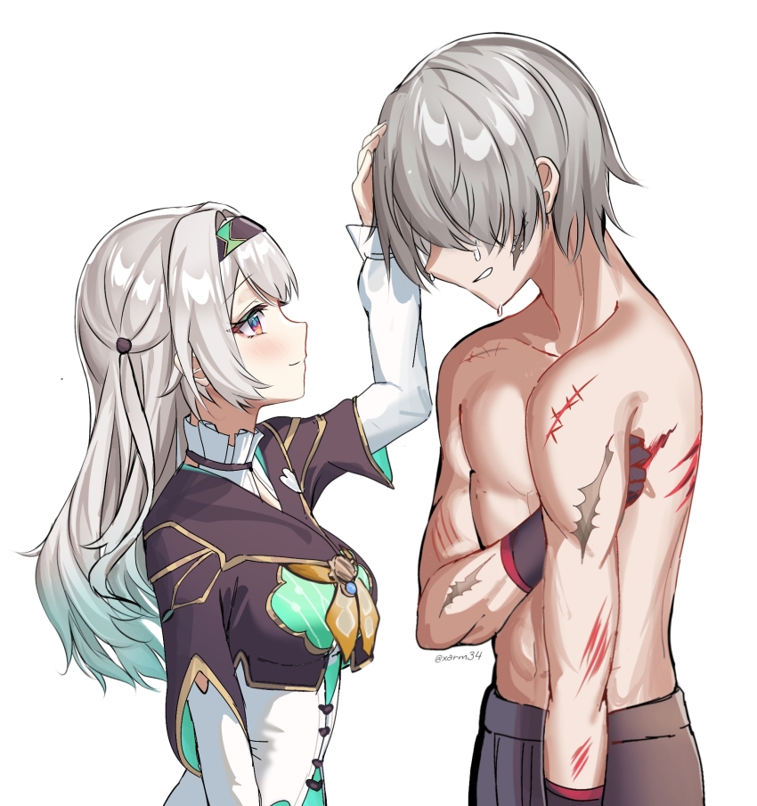 1boy 1girl black_hairband blue_pupils caelus_(honkai:_star_rail) closed_mouth collared_dress cropped_jacket crying detached_sleeves devl_ga_aru dress firefly_(honkai:_star_rail) grey_hair hair_between_eyes hair_intakes hair_over_eyes hair_tie hairband headpat highres honkai:_star_rail honkai_(series) long_sleeves multicolored_eyes multicolored_hair multiple_scars neckerchief no_shirt orange_neckerchief scar scar_on_arm scar_on_back scar_on_chest scar_on_shoulder scars_all_over smile too_many trailblazer_(honkai:_star_rail) two-tone_eyes white_dress