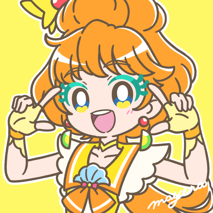 1girl :d blue_eyes bright_pupils choker colored_eyelashes cure_papaya earrings fingerless_gloves gloves highres ichinose_minori jewelry long_hair looking_at_viewer mayena multicolored_eyes open_mouth orange_hair outline precure sailor_collar smile solo tropical-rouge!_precure upper_body w_arms white_outline white_pupils yellow_background yellow_choker yellow_eyes yellow_gloves