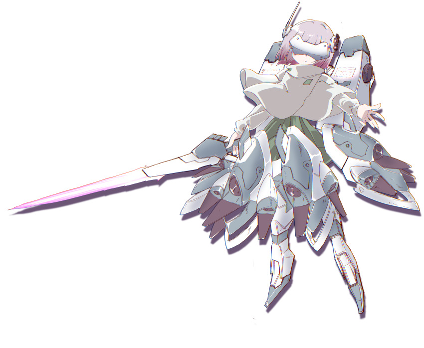 1girl bob_cut dolls_nest exoskeleton full_body highres holding holding_sword holding_weapon mecha_musume pink_hair pleated_skirt shirousagi_(usagi-goya_kansatsu_nikki) short_hair skirt solo sword weapon