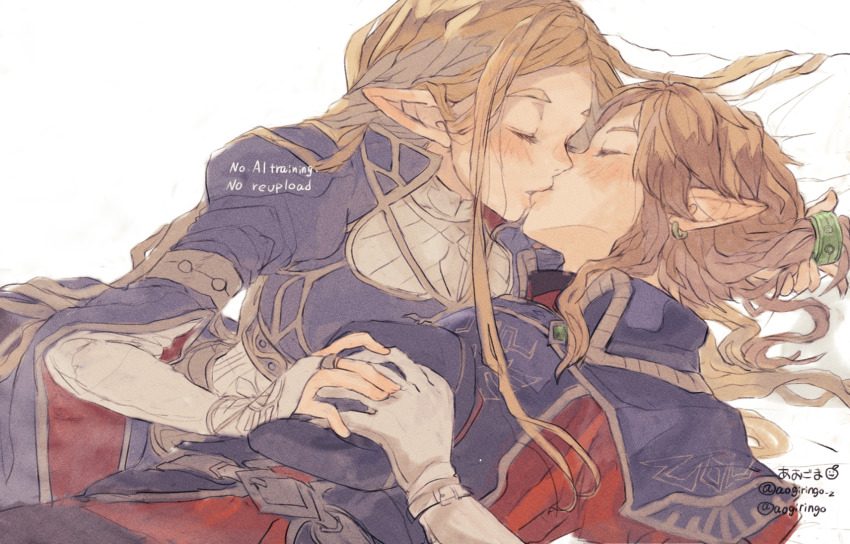1boy 1girl alternate_costume aogoma artist_name blonde_hair blue_hat commentary_request earrings fingerless_gloves gloves hat hetero highres jewelry kiss link long_hair lying medium_hair nintendo on_back on_side partial_commentary pointy_ears ponytail princess_zelda ring simple_background the_legend_of_zelda the_legend_of_zelda:_breath_of_the_wild unworn_hat unworn_headwear white_background white_gloves