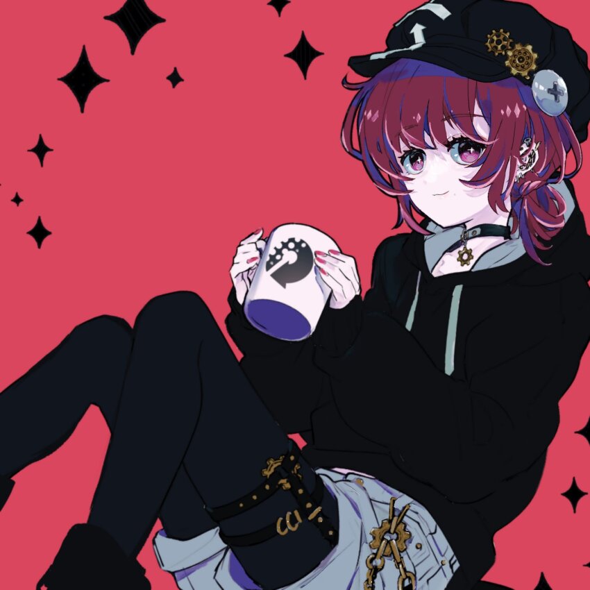 +_+ 1girl 90_sik black_choker black_hoodie black_pantyhose buttons newsboy_cap choker closed_mouth commentary cup feet_out_of_frame fingernails gear_hat_ornament gears grey_shorts hat hat_ornament highres holding holding_cup hood hood_down hoodie indie_virtual_youtuber kaiten-tsuzuri long_sleeves looking_at_viewer medium_hair mug nail_polish object_through_head pantyhose red_background red_eyes red_hair red_nails screw screw_in_head shorts simple_background smile solo sparkle spiked_ear_piercing studded_thigh_strap thigh_strap virtual_youtuber