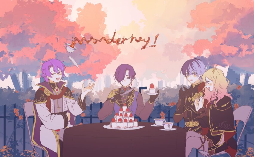 2boys 2girls aiguillette aoyagi_touya asahina_mafuyu black_cape black_gloves black_hair blonde_hair blush bow bush cake cake_slice cape clapping closed_eyes cup expressionless fence floating floating_liquid floating_object food ganada_404 gloves gradient_hair grey_bow grey_hair grey_jacket highres holding holding_knife holding_plate holding_saucer jacket kamishiro_rui knife mecha_pilot_suit medium_hair motion_blur motion_lines motion_slit multicolored_hair multiple_boys multiple_girls never_give_up_cooking!_(project_sekai) official_alternate_costume official_alternate_hair_length official_alternate_hairstyle parted_bangs pink_hair plate project_sekai purple_hair relax_teatime_(project_sekai) saucer short_hair sitting slicing smile sparkle split-color_hair strawberry_cake striped_bow table tablecloth tenma_saki tree twintails vertical-striped_bow wonderhoy