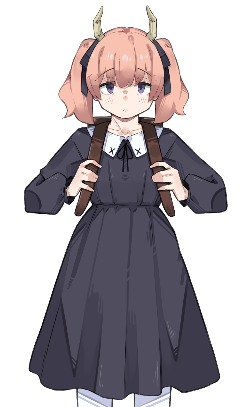 1girl absurdres backpack bag black_dress black_ribbon blush brown_bag closed_mouth collar demon_girl demon_horns dress frown hair_between_eyes hair_ribbon highres horns linie_(sousou_no_frieren) long_hair long_sleeves looking_at_viewer pantyhose pink_hair purple_eyes ribbon sattinittas simple_background solo sousou_no_frieren white_background white_collar white_pantyhose